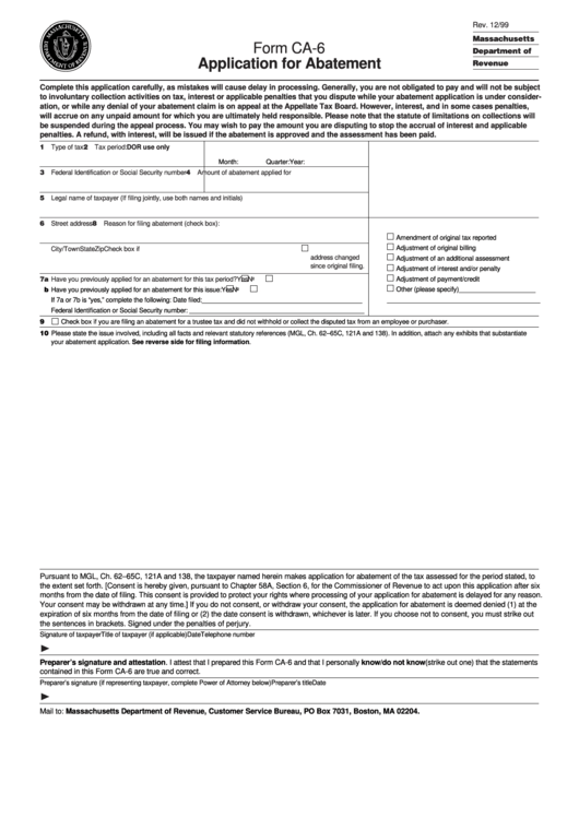 Form Ca-6 - Application For Abatement - 1999 Printable pdf