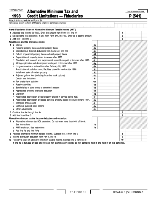 Fillable Form 541 - Schedule P - Alternative Minimum Tax And Credit Limitations - Fiduciaries - 1998 Printable pdf