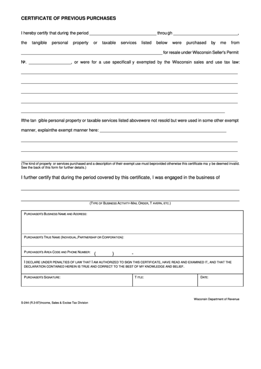 Fillable Form S-244 - Certificate Of Previous Purchases Printable pdf