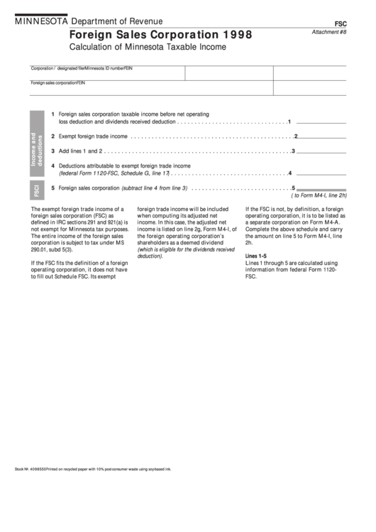 Fillable Form Fsc Foreign Sales Corporation 1998 Calculation Of
