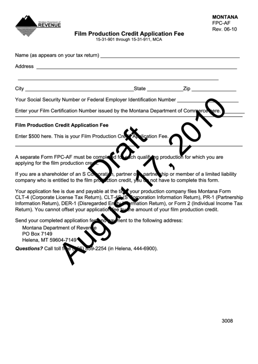 Montana Form Fpc-Af Draft - Film Production Credit Application Fee Printable pdf