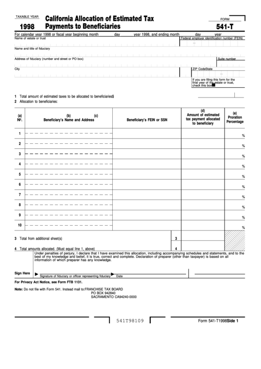 Fillable Form 541-T - California Allocation Of Estimated Tax Payments To Beneficiaries - 1998 Printable pdf