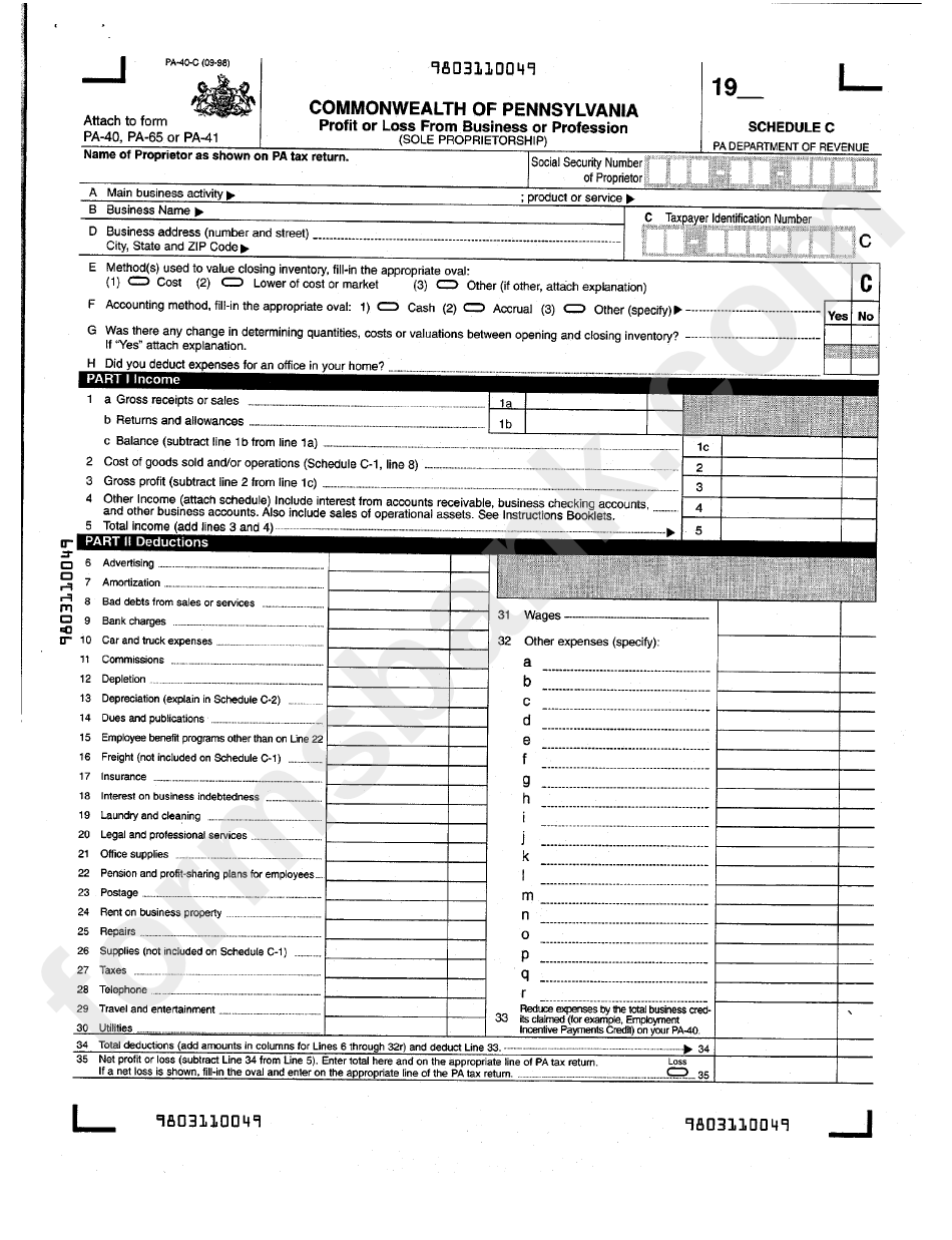 Form Pa-40-C - Profit Of Loss From Business Or Profession (Sole Proprietorship)