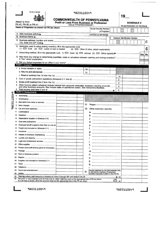 Fillable Form Pa-40-C - Profit Of Loss From Business Or Profession (Sole Proprietorship) Printable pdf
