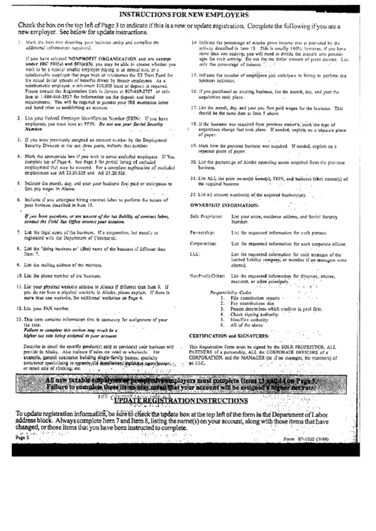 Form 07-1002 - Instructions For New Employers - Alaska Department Of Labor Printable pdf