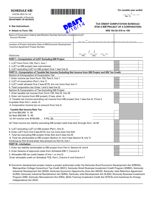 Form 41a720-S53 Schedule Kbi Draft - Tax Credit Computation Schedule - 2014 Printable pdf