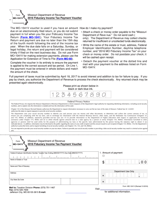 Fillable Form Mo-1041v - Fiduciary Income Tax Payment Voucher - 2016 Printable pdf