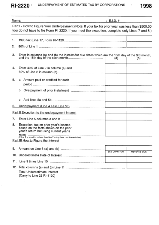 Fillable Form Ri-2220 - Underpayment Of Estimated Tax By Corporations - 1998 Printable pdf