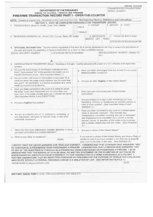 Form Atf F 4473 - Firearms Transaction Record Part I - Over-The-Counter - Department Of The Treasury Printable pdf