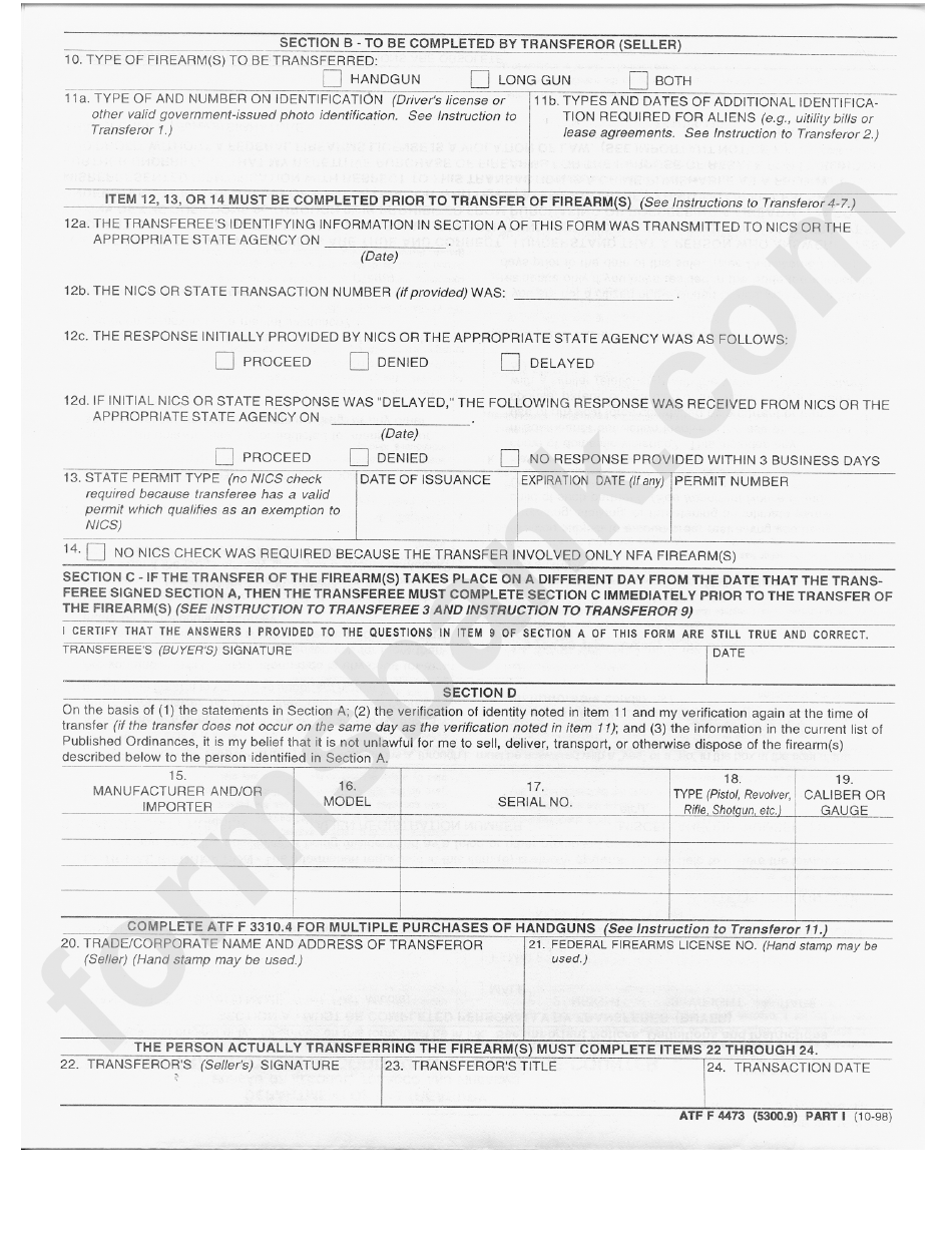 Form Atf F 4473 - Firearms Transaction Record Part I - Over-The-Counter - Department Of The Treasury