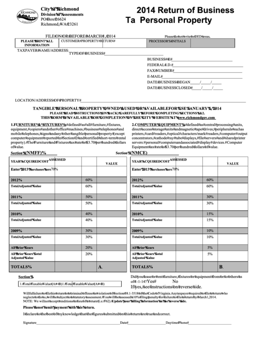 Return Of Business Tangible Personal Property Form - City Of Richmond - 2014 Printable pdf
