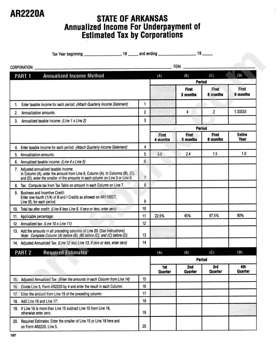 Form Ar2220a - Annualized Income For Underpayment Of Estimated Tax By Corporations