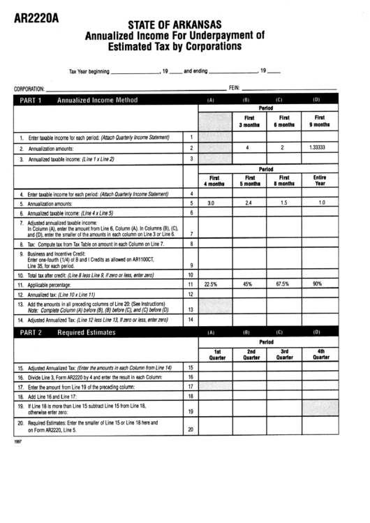Fillable Form Ar2220a - Annualized Income For Underpayment Of Estimated Tax By Corporations Printable pdf