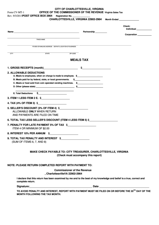 Form Cv-Mt-1 - Meals Tax - 2013 Printable pdf
