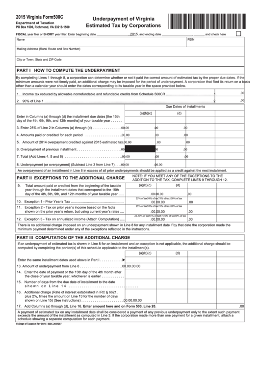 Fillable Form 500c - Underpayment Of Virginia Estimated Tax By Corporations - 2015 Printable pdf