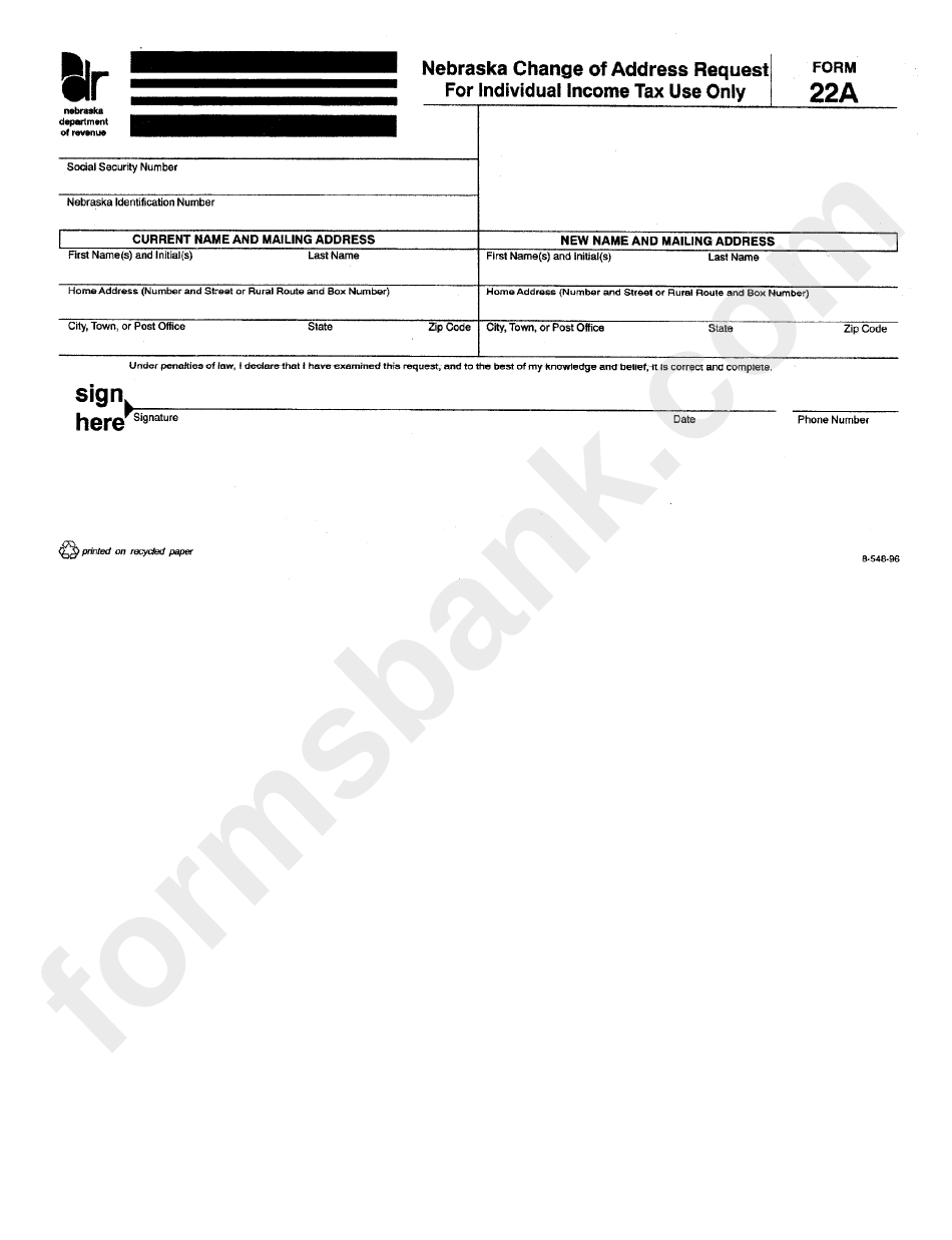Form 22a - Nebraska Change Of Address Request For Individual Income Tax Use Only