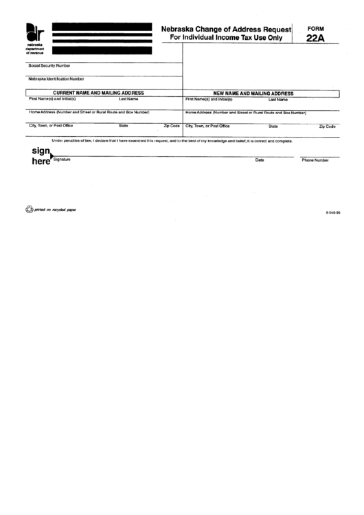 Fillable Form 22a - Nebraska Change Of Address Request For Individual Income Tax Use Only Printable pdf