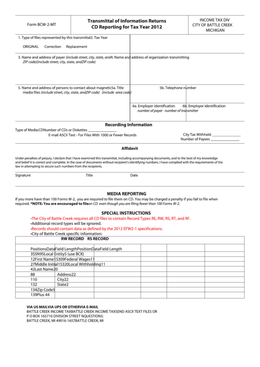 Form Bcw-2-Mt - Transmittal Of Information Returns Cd Reporting For Tax Year 2012 Printable pdf