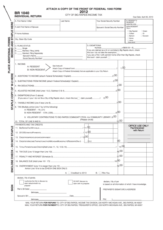 Form Br 1040 - Individual Return - City Of Big Rapids Income Tax - 2012 Printable pdf