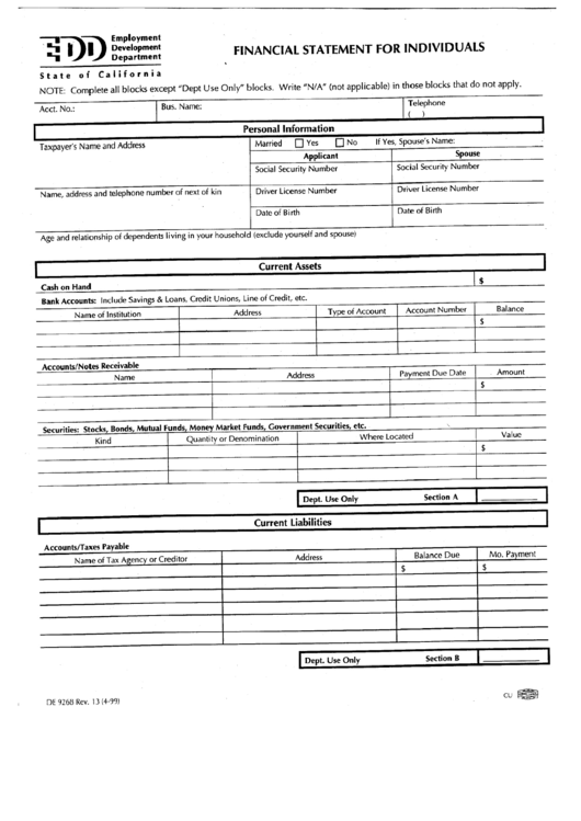 Form De 926b - Financial Statement For Individuals Printable pdf