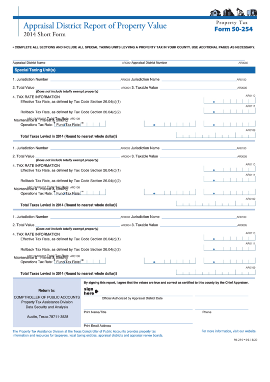 Fillable Form 50-254 - Appraisal District Report Of Property Value - 2014 Printable pdf