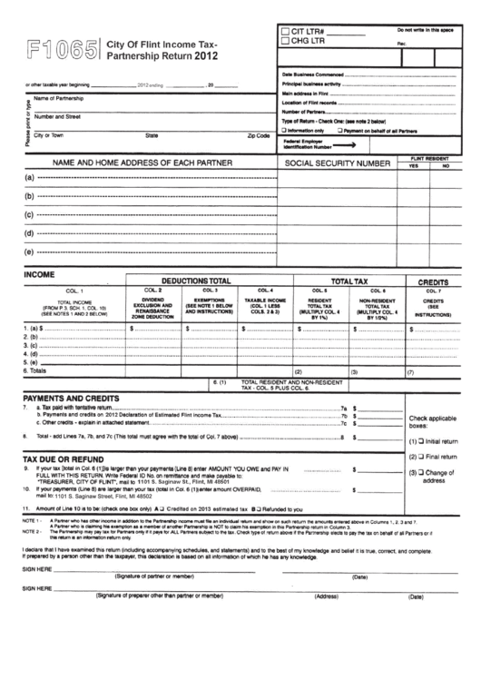 Form F 1065 - City Of Flint Income Tax - Partnership Return - 2012 Printable pdf