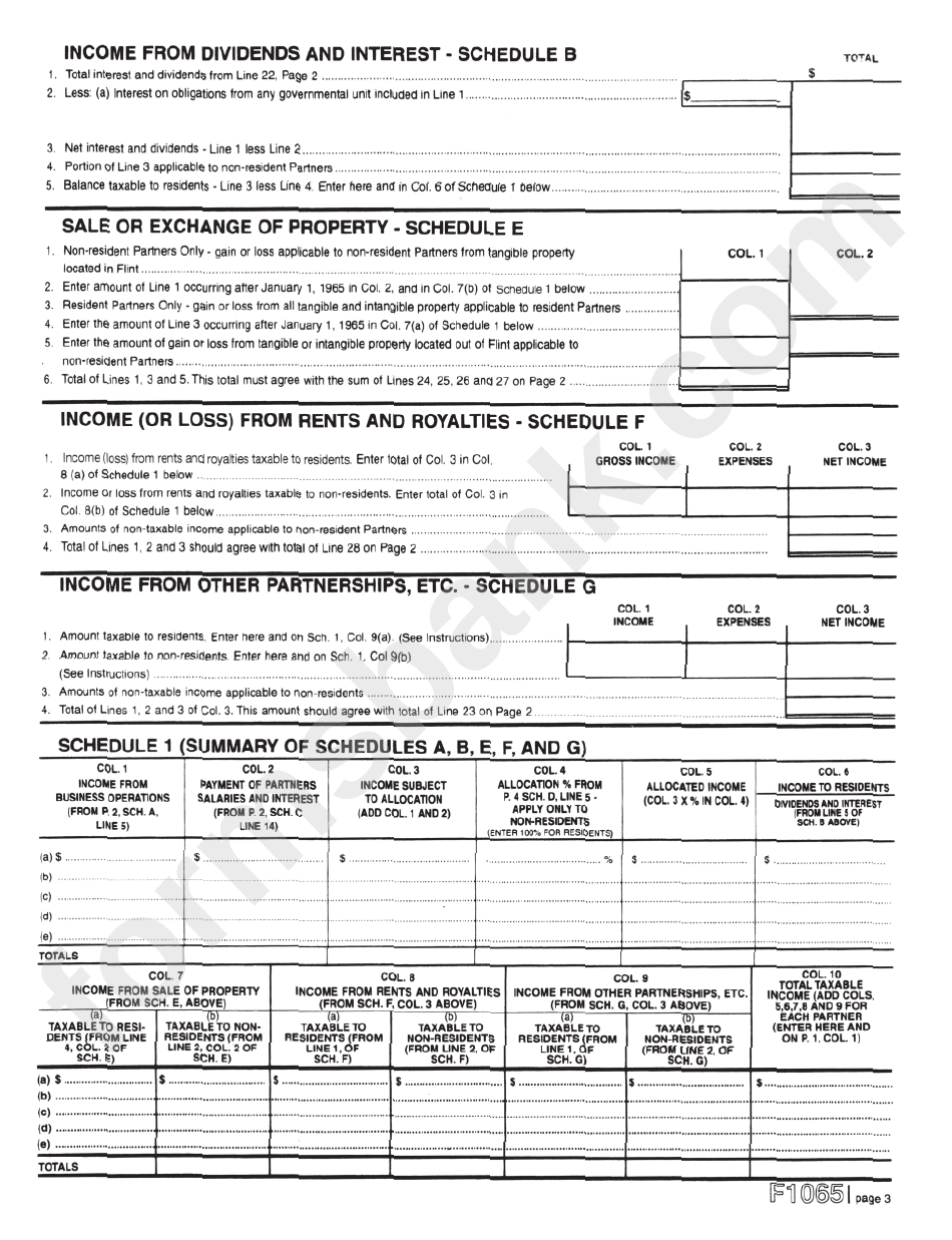 Form F 1065 - City Of Flint Income Tax - Partnership Return - 2012