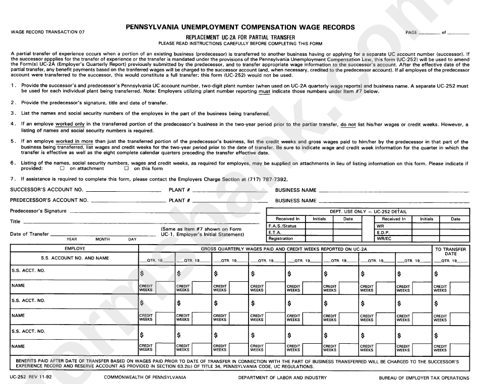 Form Uc-252 - Pennsylvania Unemployment Compensation Wage Records