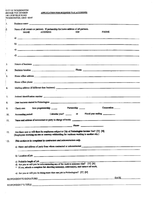 Application For Business Tax Accounts - City Of Pickerington Printable pdf