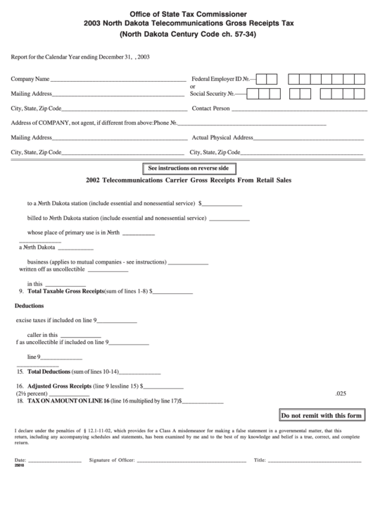 Form 25818 - North Dakota Telecommunications Gross Receipts Tax - 2003 Printable pdf