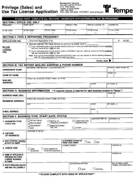 Privilege (Sales) And Use Tax License Application - City Of Tempe Printable pdf