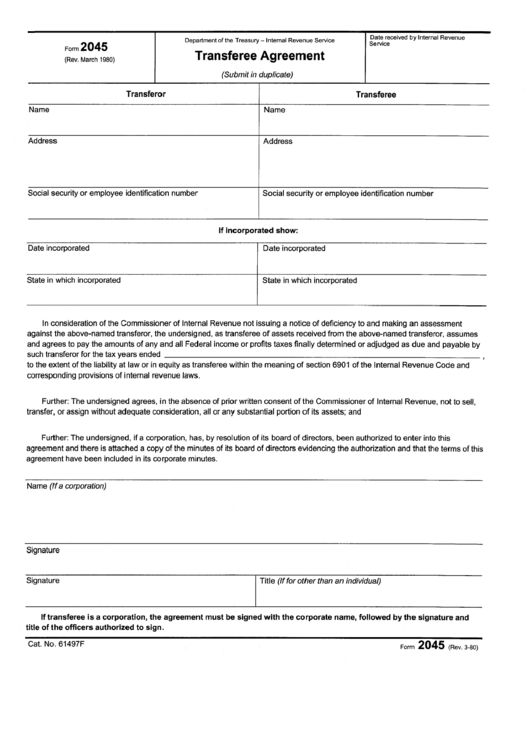 Form 2045 - Transferee Agreement Printable pdf