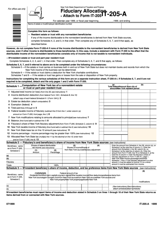 Form It-205-A - Fiduciary Allocation - 1999 Printable pdf