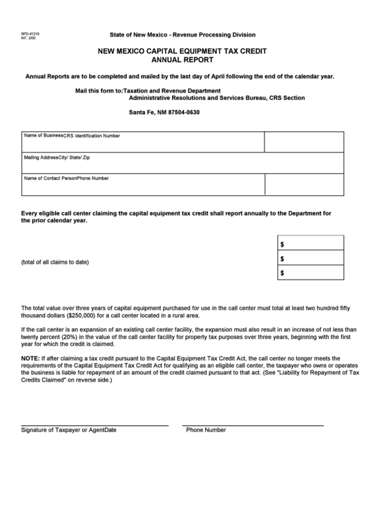 Form Rpd-41219 - New Mexico Capital Equipment Tax Credit Annual Report Printable pdf
