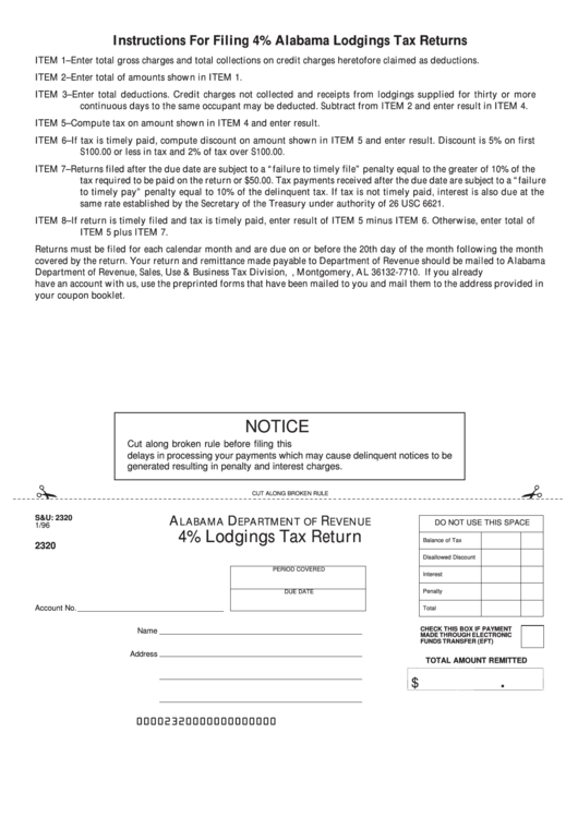 Form 2320 - 4% Lodgings Tax Return (1996) With Instructions