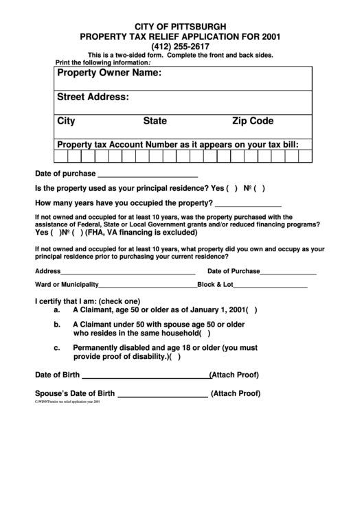 Property Tax Relief Application For 2001 - City Of Pittsburgh Printable pdf