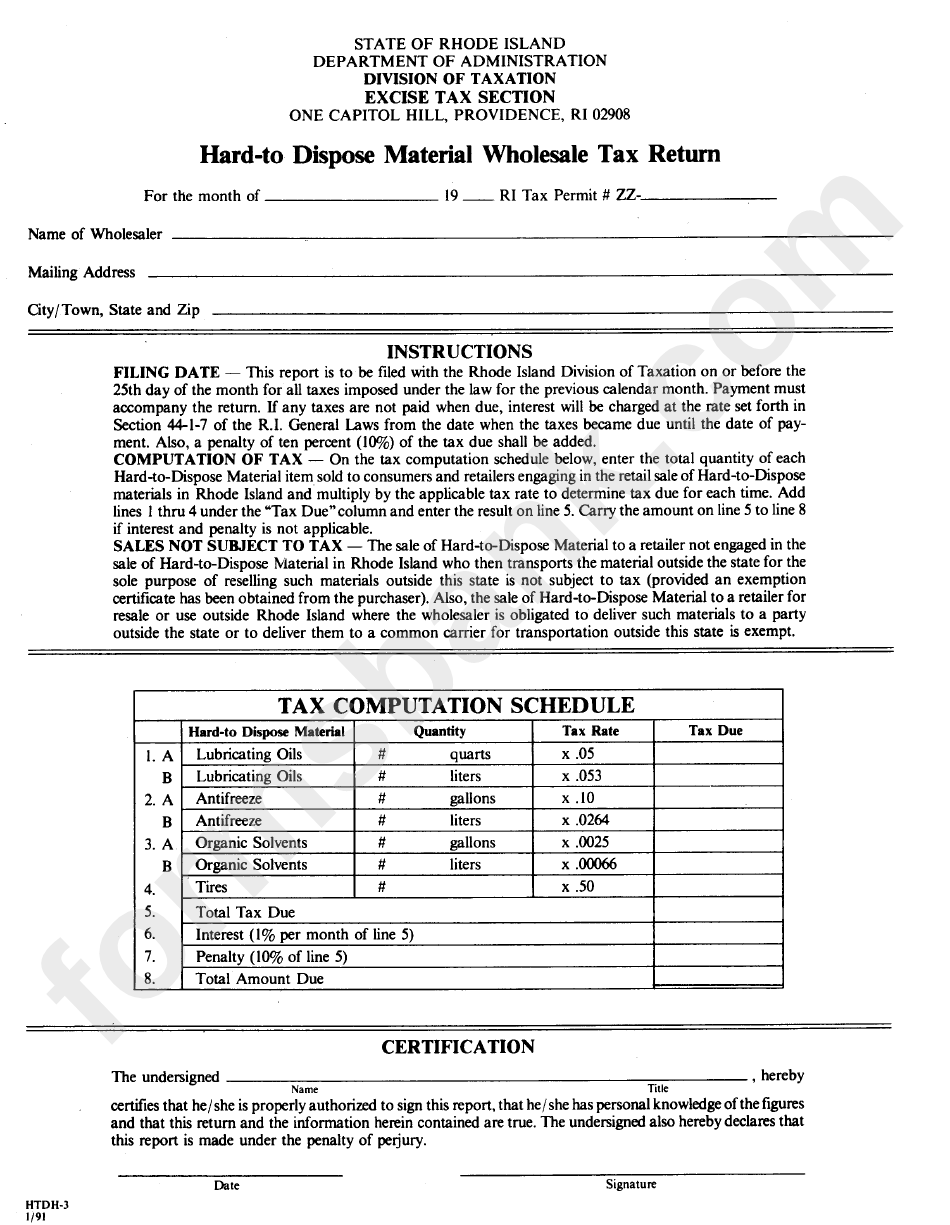 Form Htdh-3 - Hard-To Dispose Material Wholesale Tax Return