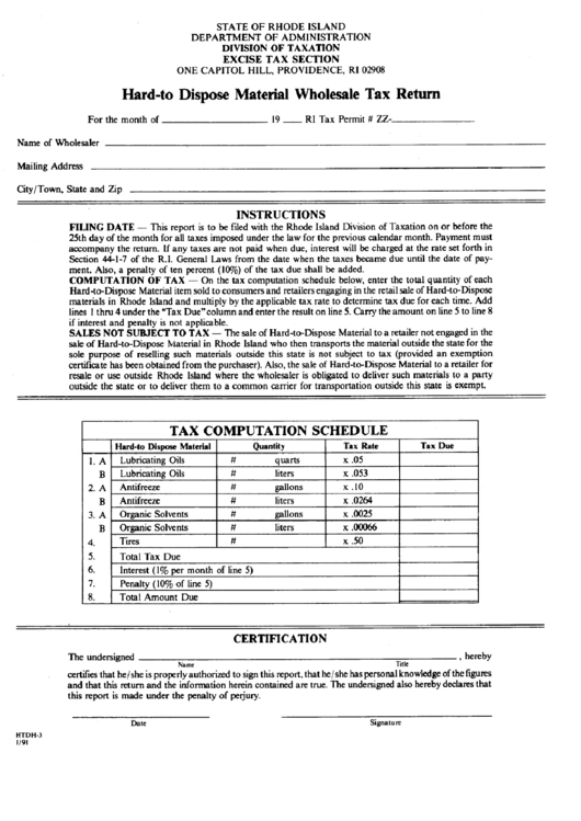 Form Htdh-3 - Hard-To Dispose Material Wholesale Tax Return Printable pdf