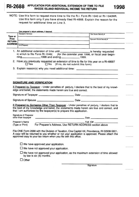 Form Ri-2688 - Application For Additional Extension Of Time To File Rhode Island Individual Income Tax Return - 1998 Printable pdf