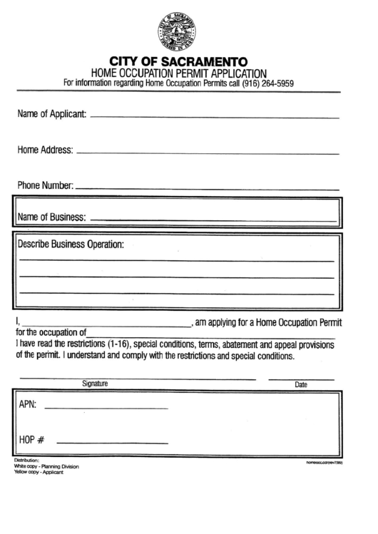 Home Occupation Permit Application - City Of Sacramento Printable pdf