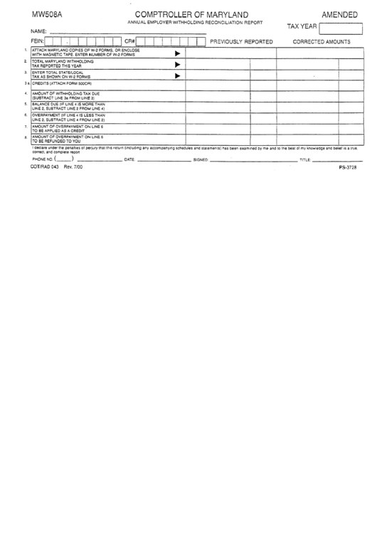 Form Mw508a - Annual Employer Withholding Reconciliation Report Printable pdf