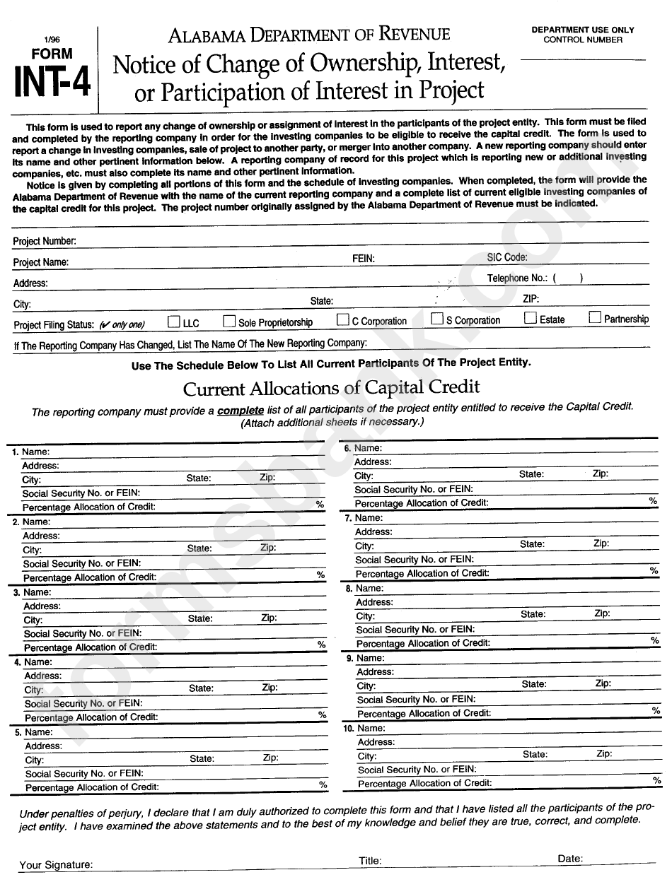 Form Int-4 - Notice Of Change Of Oqnership, Interest, Or Participation Of Interest In Project - 1996