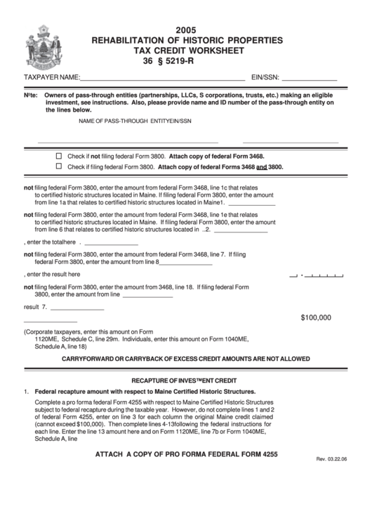 Rehabilitation Of Historic Properties Tax Credit Worksheet - State Of Maine - 2005 Printable pdf