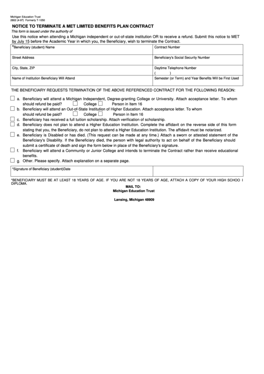 Fillable Form 2802 - Notice To Terminate A Met Limited Benefits Plan Contract - 1997 Printable pdf