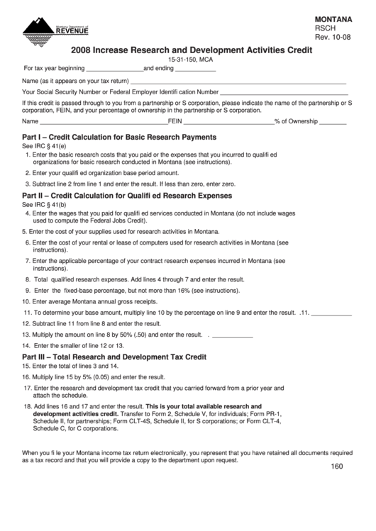 Montana Form Rsch - Increase Research And Development Activities Credit - 2008 Printable pdf