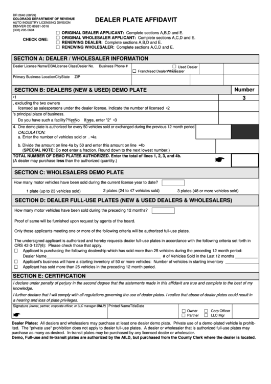Form Dr 2640 - Dealer Plate Affidavit Printable pdf