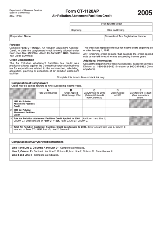 Form Ct-1120ap - Air Pollution Abatement Facilities Credit - 2005 Printable pdf
