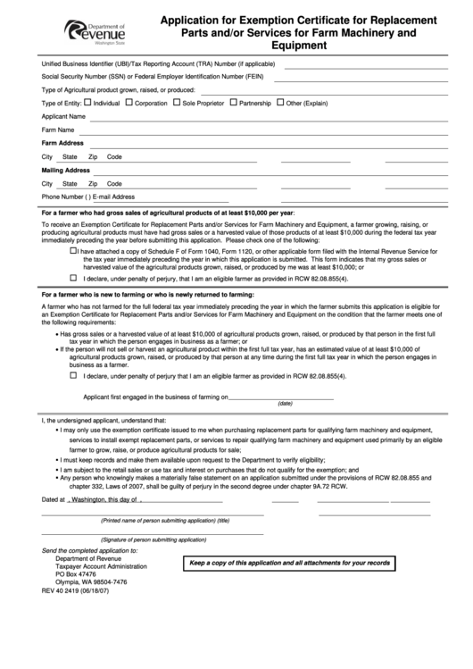 Application For Exemption Certificate For Replacement Parts And/or Services For Farm Machinery And Equipment - State Of Washington Printable pdf