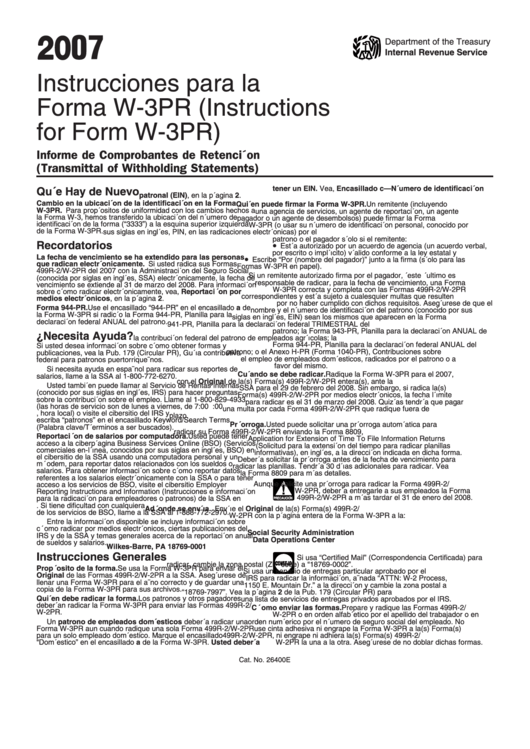 Instrucciones Para La Forma W-3pr (Instructions For Form W-3pr) - 2007 Printable pdf