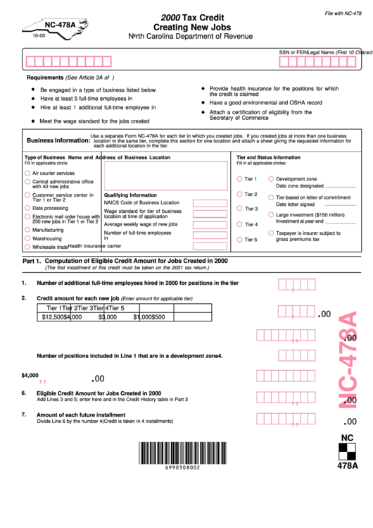 Form Nc-478a - 2000 Tax Credit Creating New Jobs Printable pdf